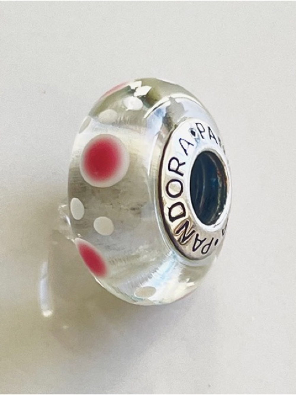 Pandora Clear Glass Charm with Pink Dot Accents